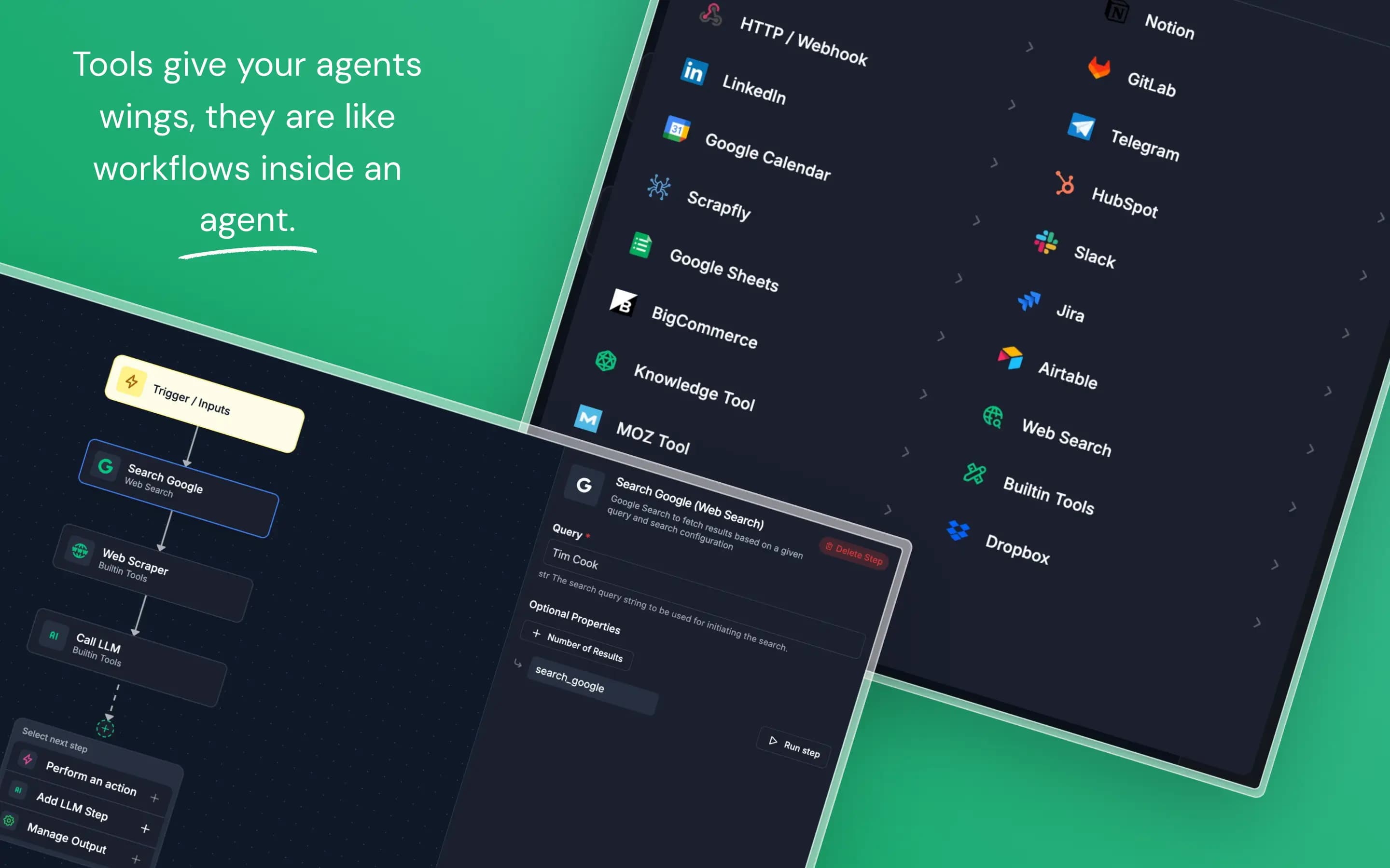 Vayan tools panel — frontier models, web search, and persistent memory wired into the same agent