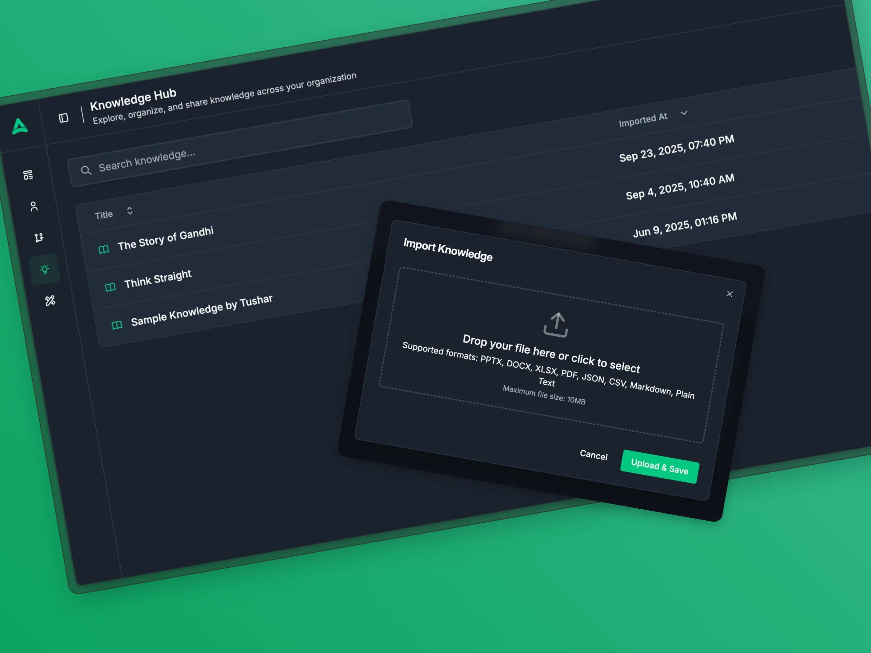 Vayan knowledge store — every note, web clip, and PDF indexed and queryable in plain English
