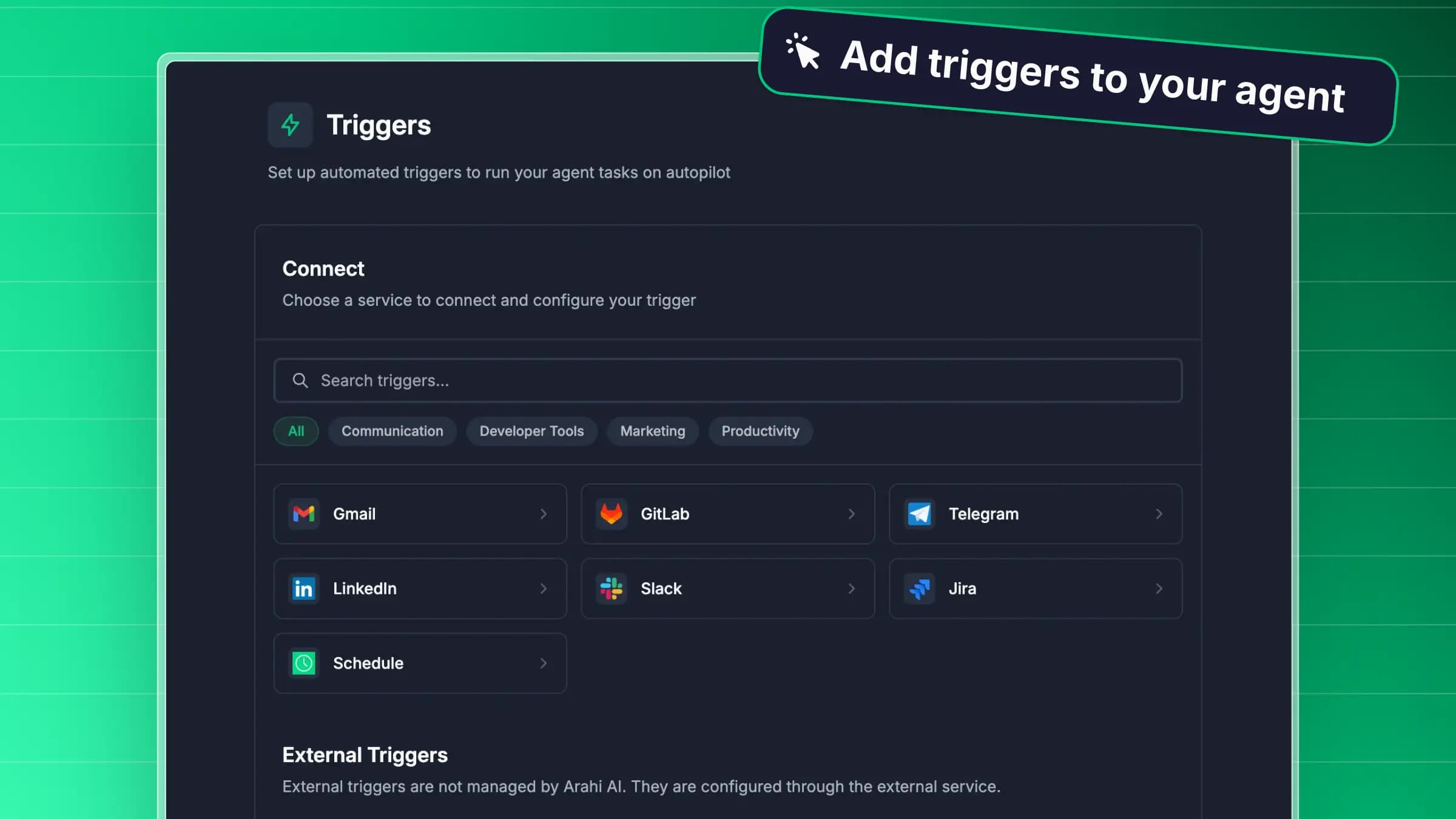 Vayan triggers panel — scheduled and event-driven agent runs across web sources